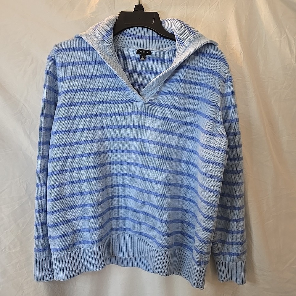 Talbots Blue Striped Brushed Cotton Johnny Collar Pullover Knit Sweater Size L